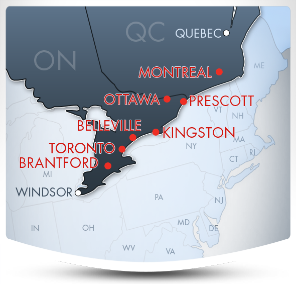 Terminal Network Map - Montreal, Ottawa, Brockville, Kingston, Belleville, Toronto, Brantford, Windsor, Niagara, Quebec, Ontario